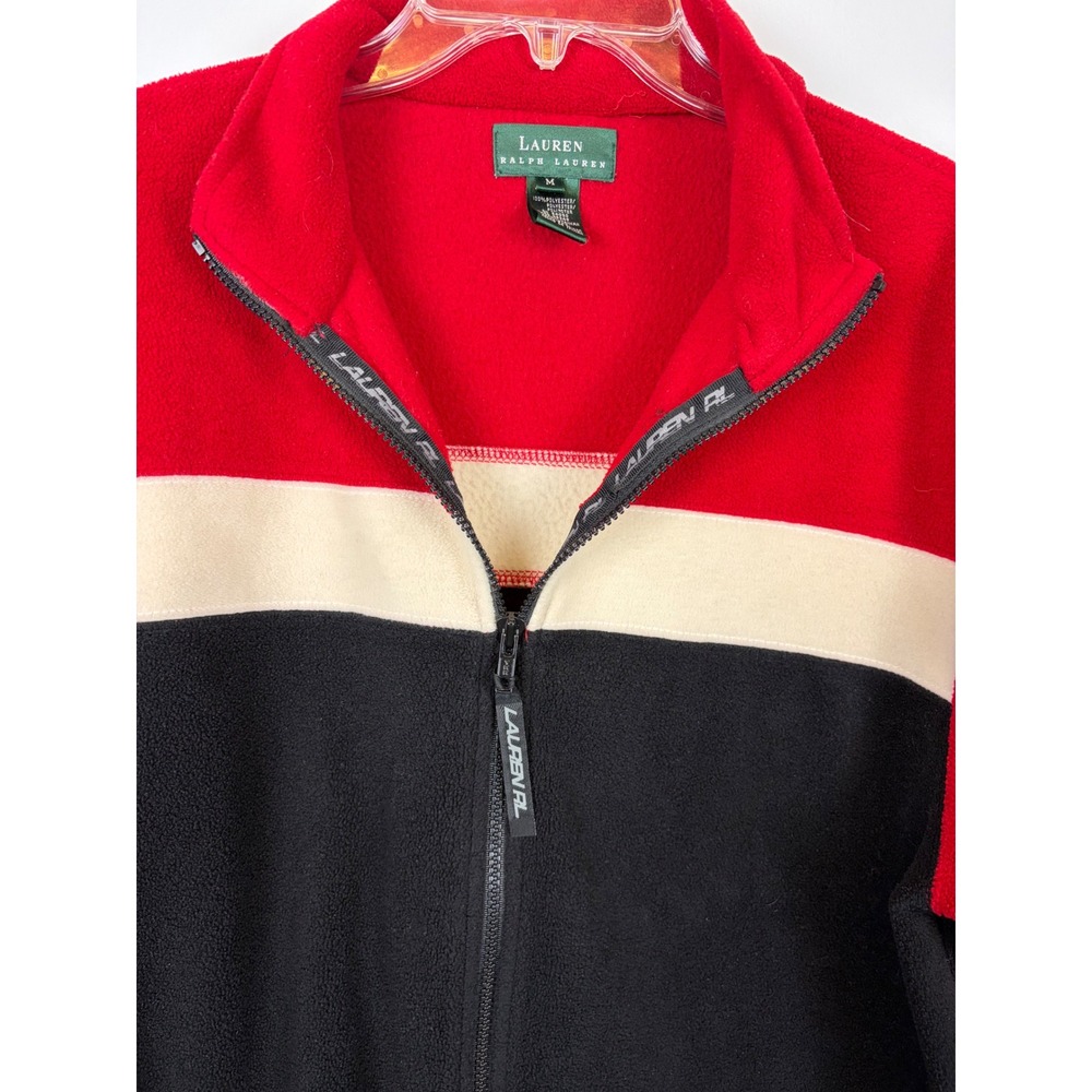 Lauren Ralph Lauren Fleece Jacket Medium Red Black Colorblock Full Zip Mock Neck - Picture 2 of 8